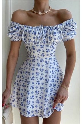 Kadın Beyaz Yakası Bağlamalı Mavi Çiçekli Mini Elbise MK00061