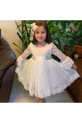 2-9 Yaş Dantelli Güpür Detaylı Tokalı Beyaz Kız Çocuk Elbise 222150