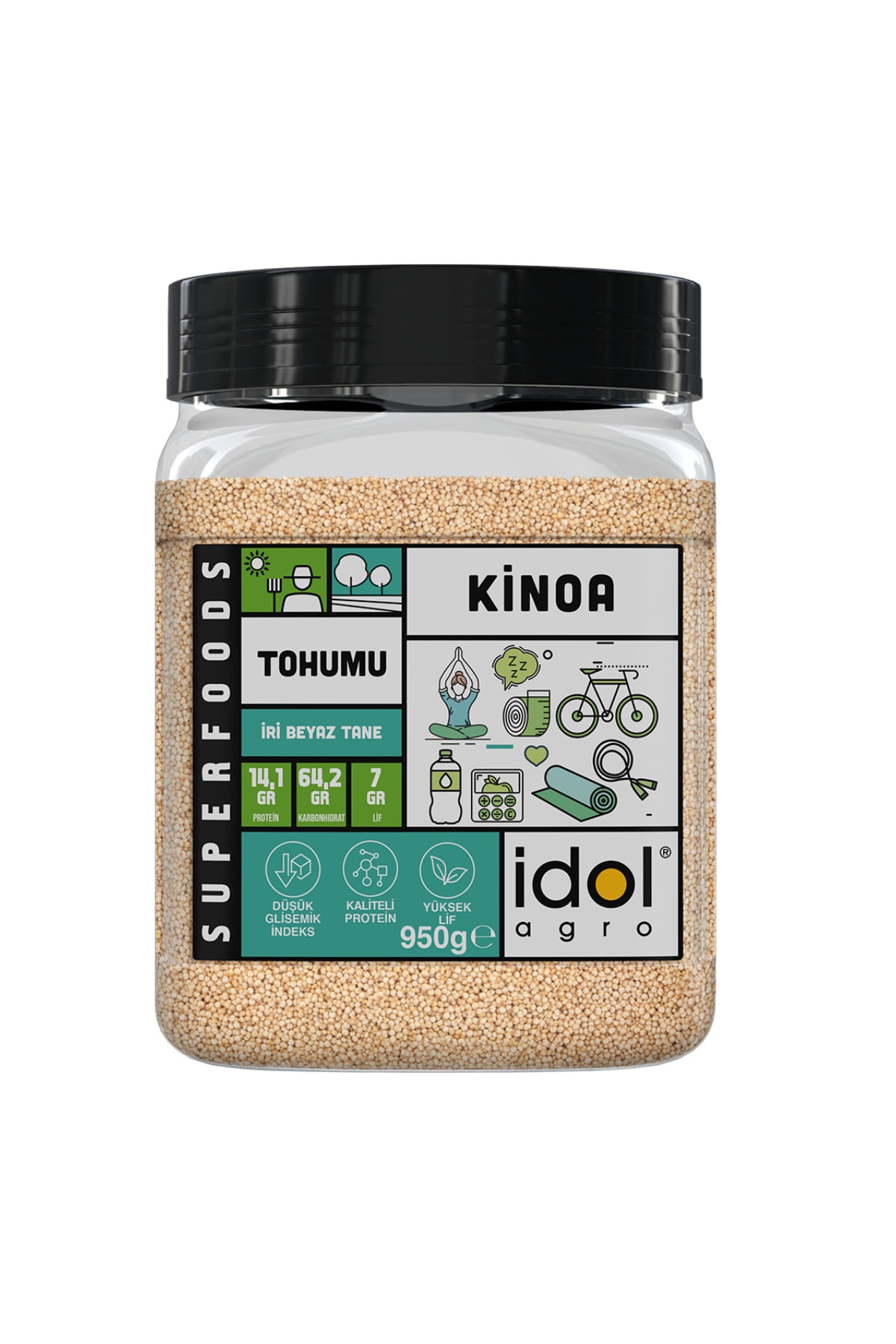 idolagro Kinoa Tohumu 950 gr Superfoods Beyaz Tam Tane Glutensiz Düşük Gı Yüksek Protein+lif