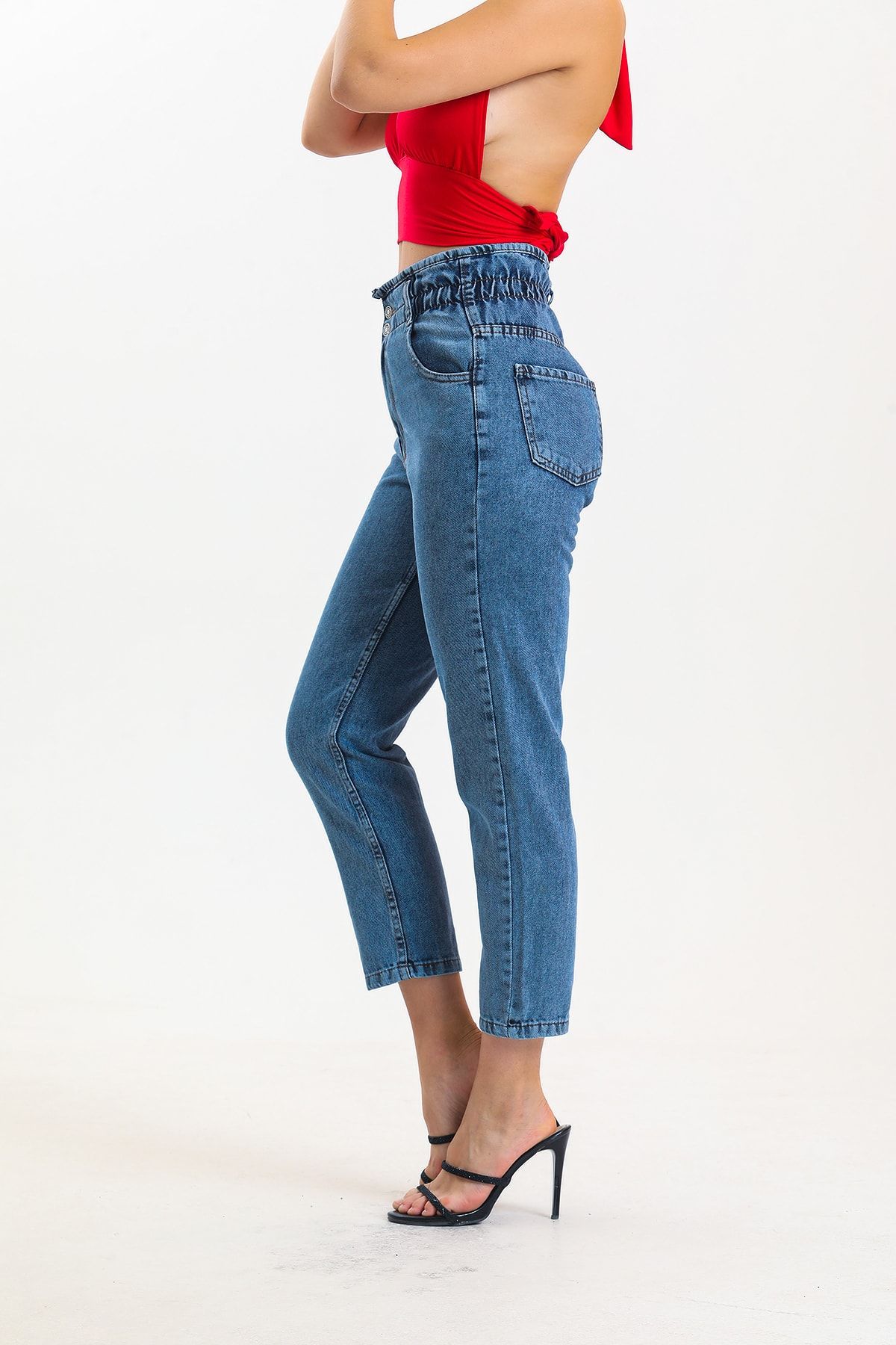 SHEVEGA-Blugi Mom Jean din Lycra cu talie înaltă cu șnur 3
