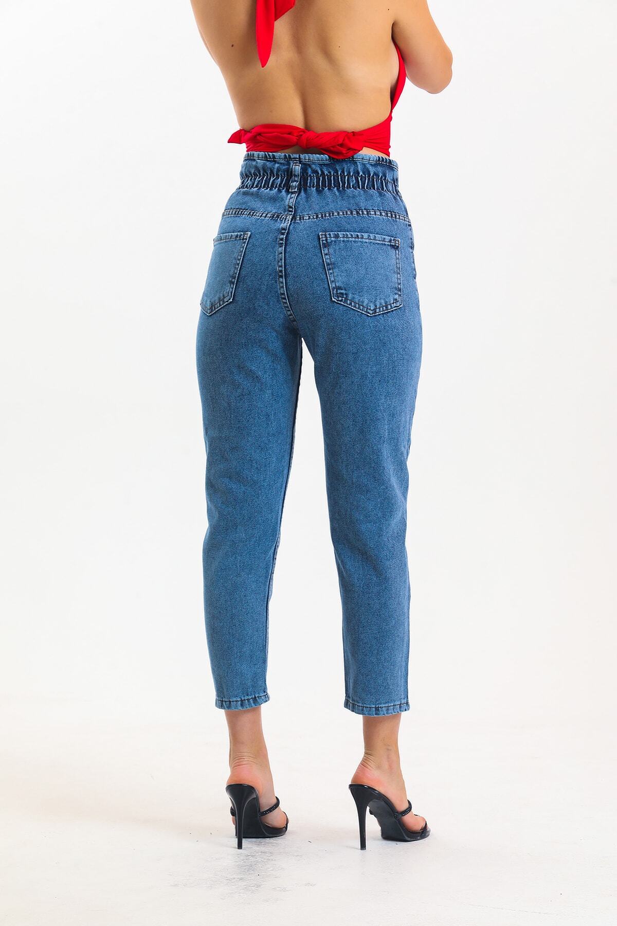 SHEVEGA-Blugi Mom Jean din Lycra cu talie înaltă cu șnur 4