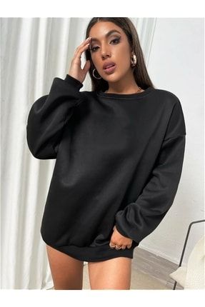 Kadın Siyah Bisiklet Yaka Düz Sweatshirt TW-KDNDUZSWT