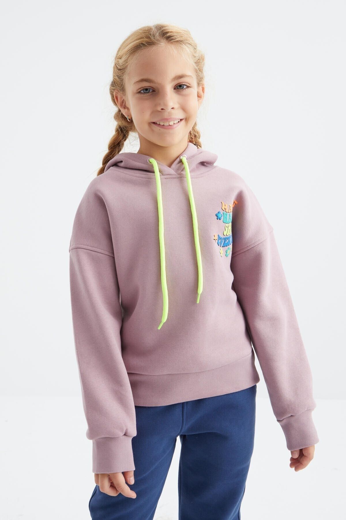 Tommy Life Dusty Rose-Kapuzen-Sweatshirt für Mädchen in Oversize-Passform  mit Textaufdruck auf Vorder- und Rückseite – 75092 - Trendyol