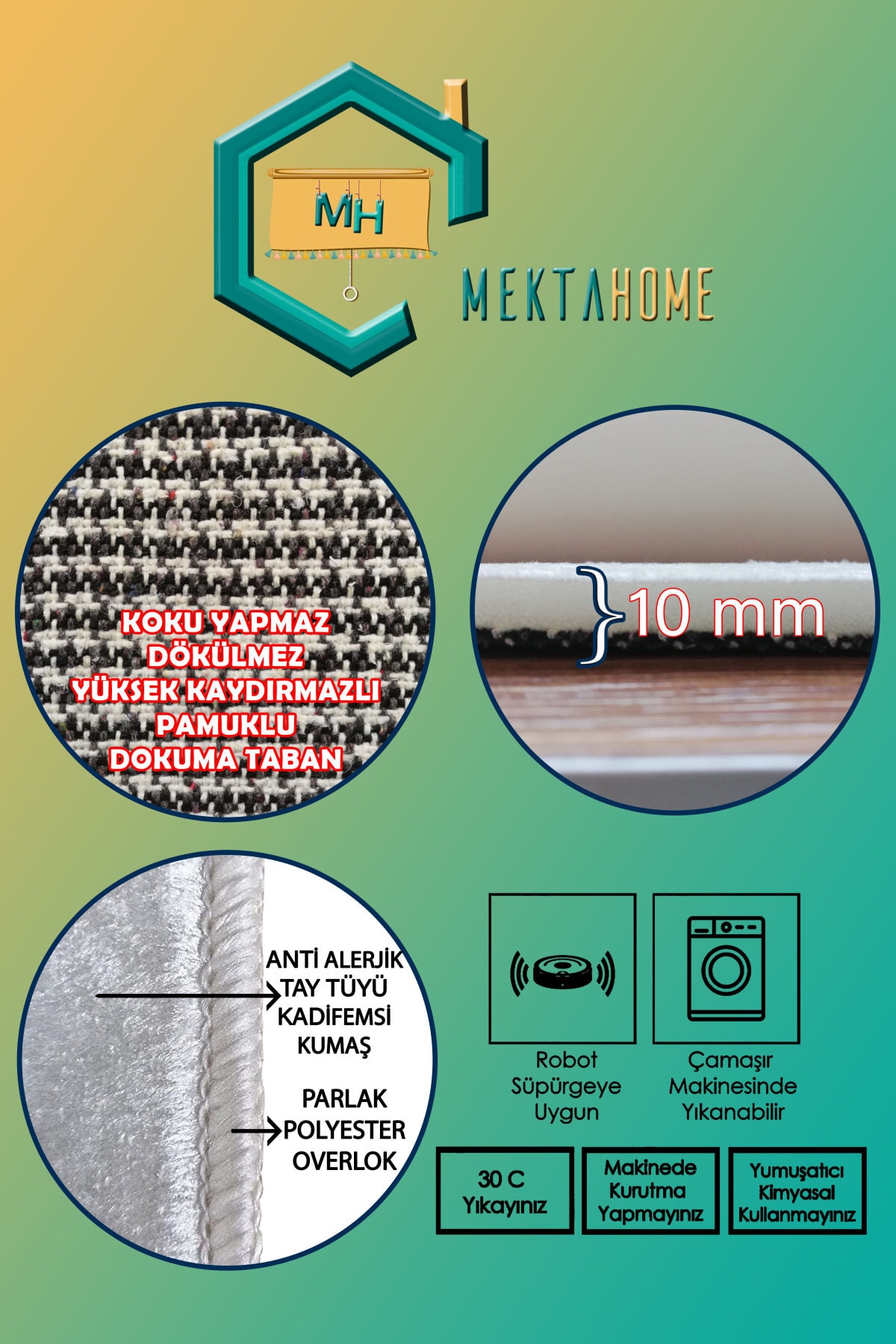 MEKTA HOME Bebek Ve Çocuk Odası Kaydırmaz Yıkanabilir Çiçekli Ve Kelebekli Halı Mktyh-007 fotoğrafı 2 (önizleme)