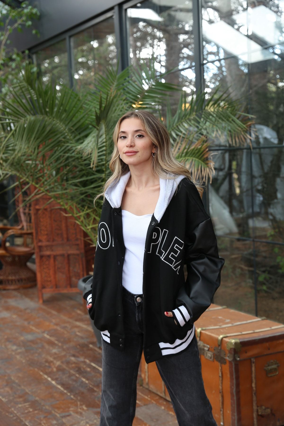 Somut istanbul Unisex Complex Leather Sleeve College Jacket