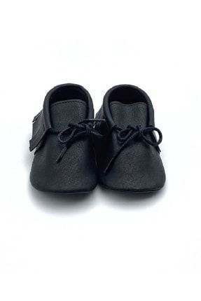 Kız Erkek Bebek Siyah El Yapımı Bağcıklı Makosen Bebek Ayakkabıları ASAMAKTF