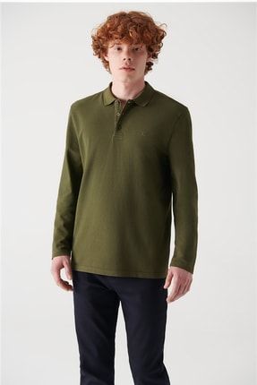 Erkek Haki Polo Yaka %100 Pamuk Basic Sweatshirt E001003