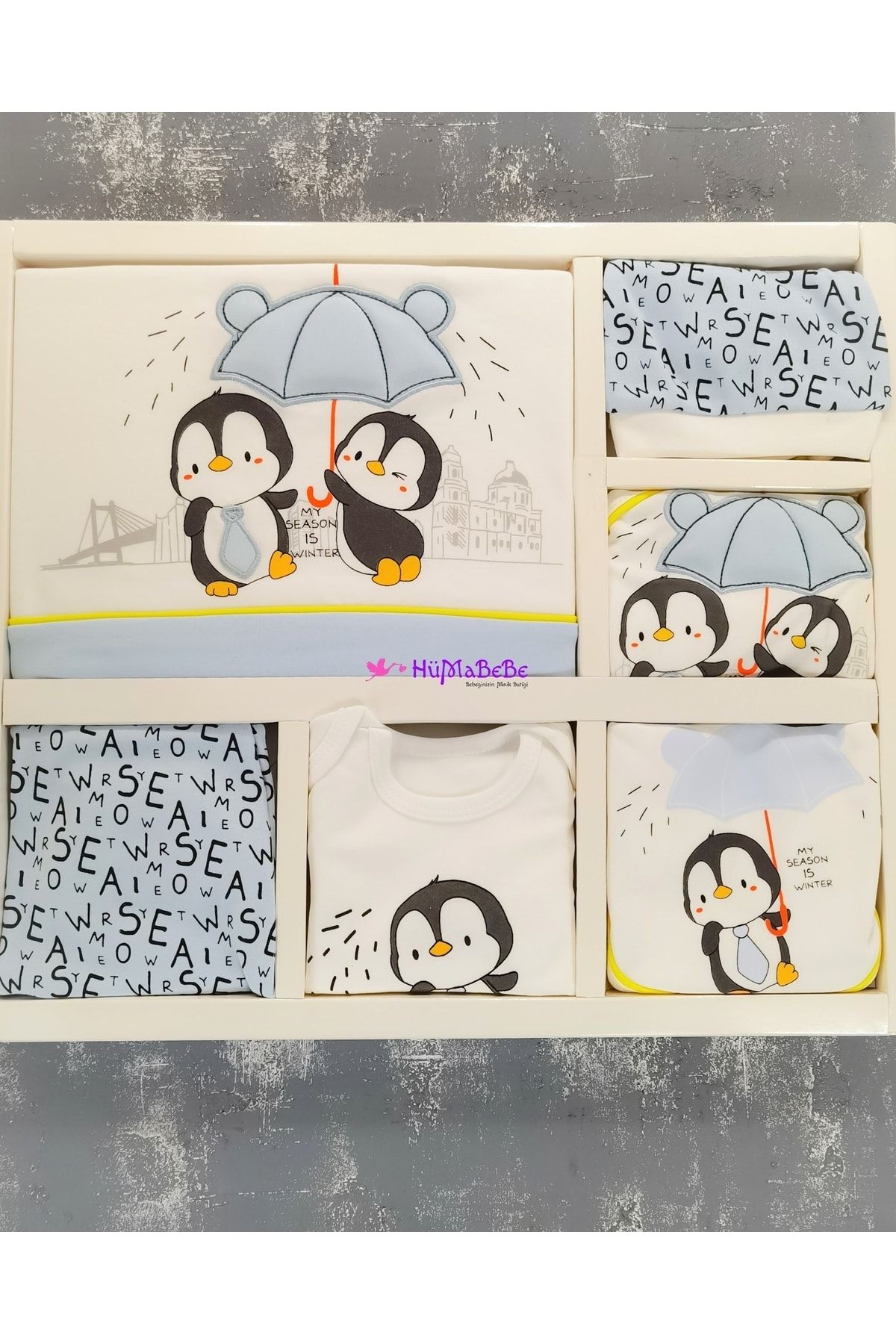 hümabebe Şemsiye Nakışlı Penguen Desenli 03 Ay Uyumlu Yenidoğan 10lu Hastane Çıkış Seti