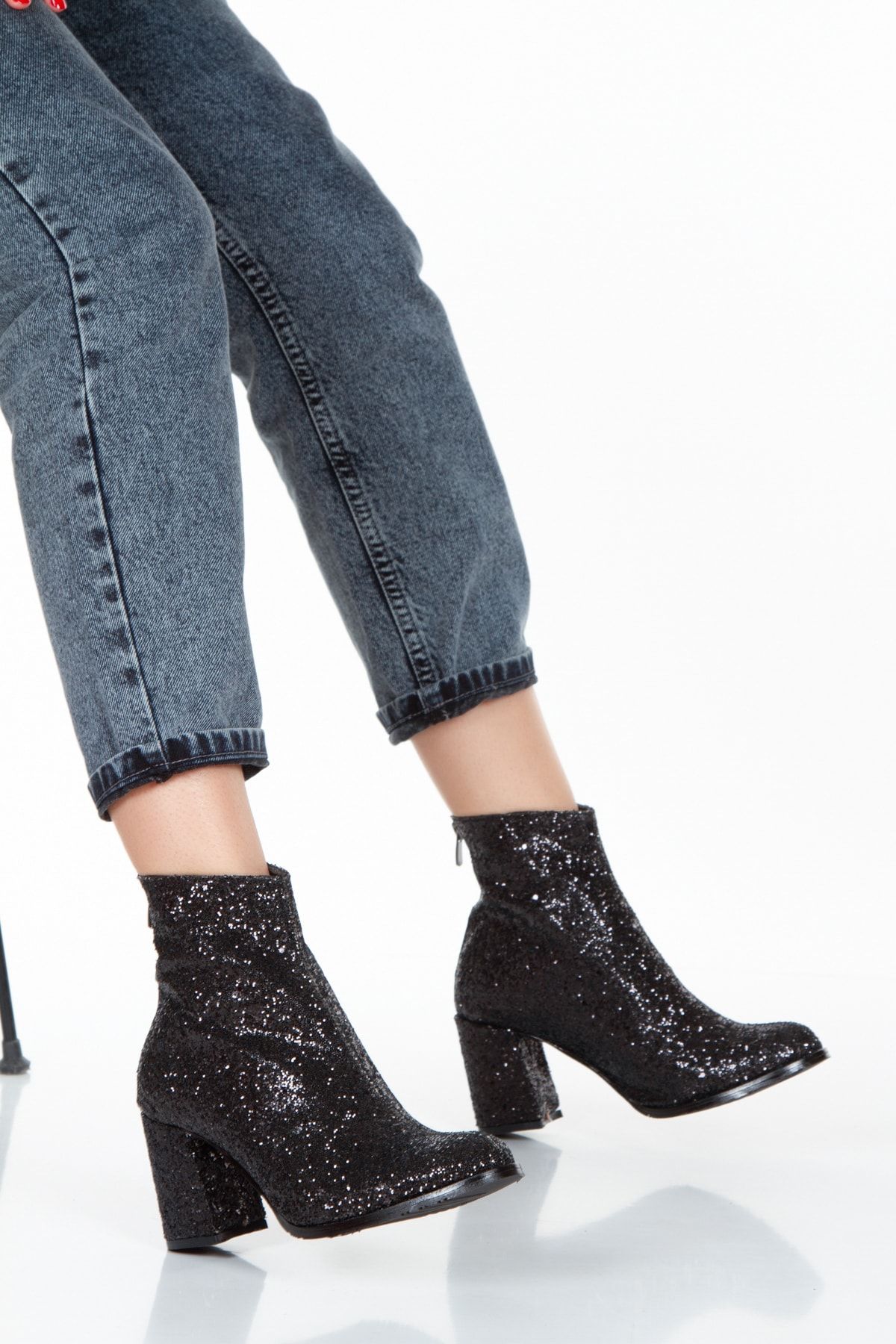 irmona Star Black Jewelled Heeled Boots Bottie Trendyol