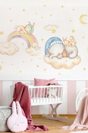 Uyuyan Sevimli Fil Ve Tavşan Çocuk Odası Duvar Sticker Seti SSTCKREKSP156