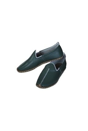 Kadın Yeşil Renk El Yapımı Dikişli Deri Çarık Ayakkabı KİLİSB03