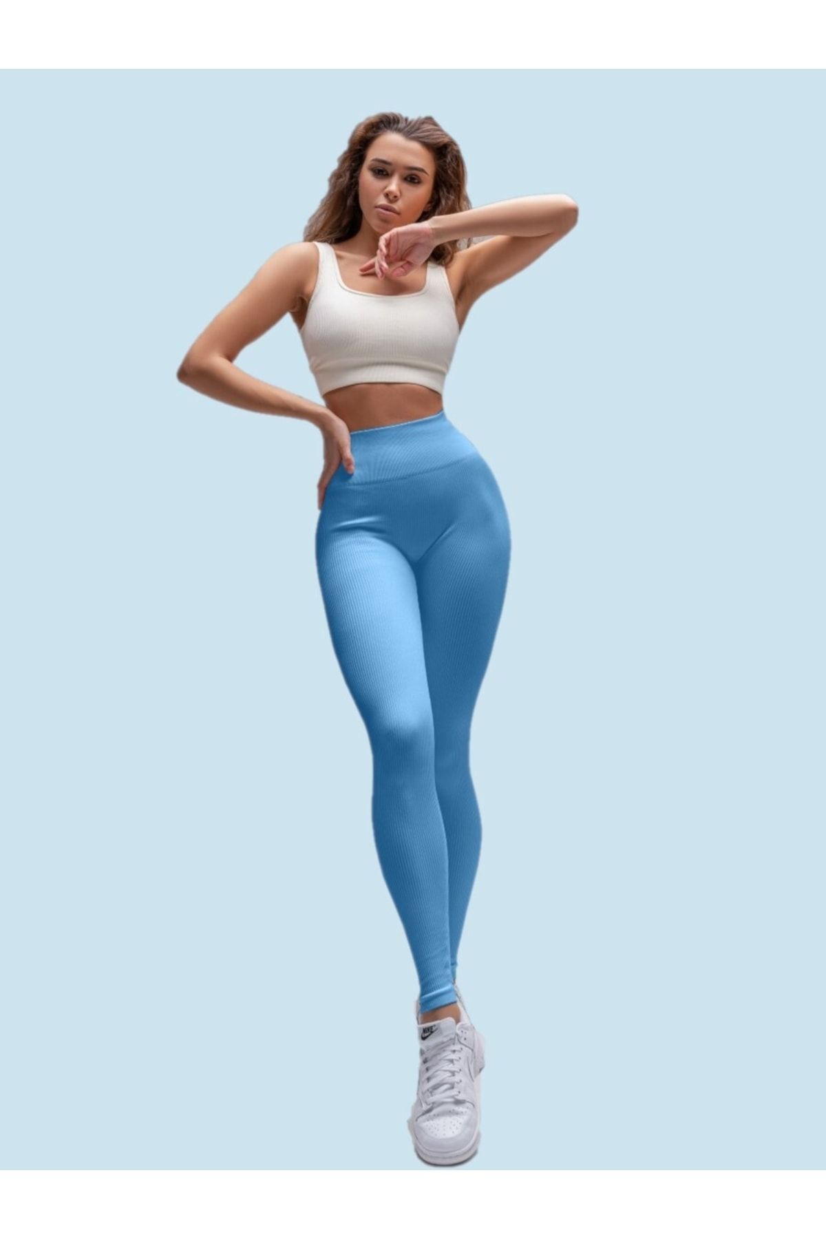MİSTİRİK-Pescia Knitted Fabric Gathering High Waist Ribbed Tights Ice Blue Color 3