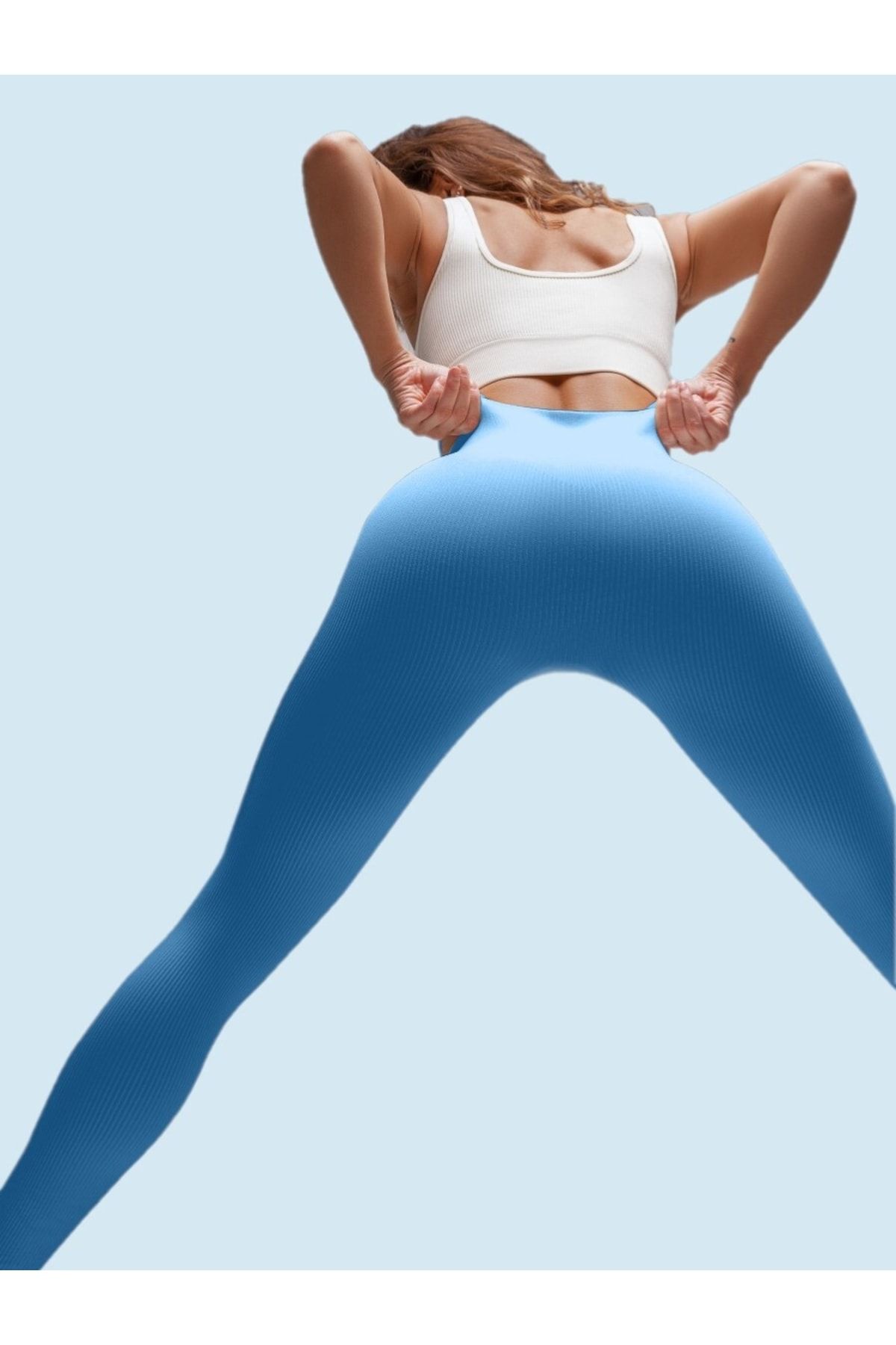 MİSTİRİK-Pescia Knitted Fabric Gathering High Waist Ribbed Tights Ice Blue Color 7