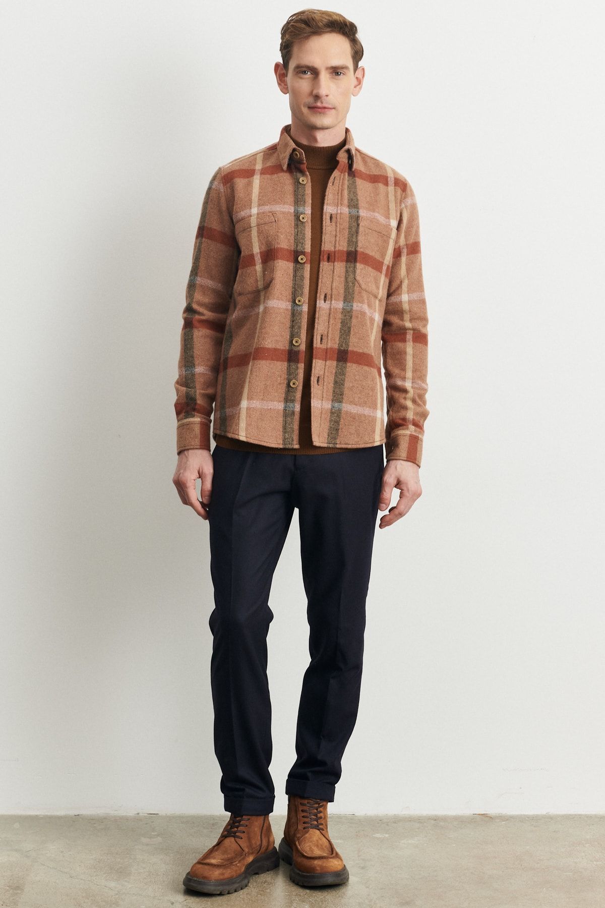 Erkek Lacivert Slim Fit Dar Kesim Flanel Desenli Beli Lastikli Pantolon