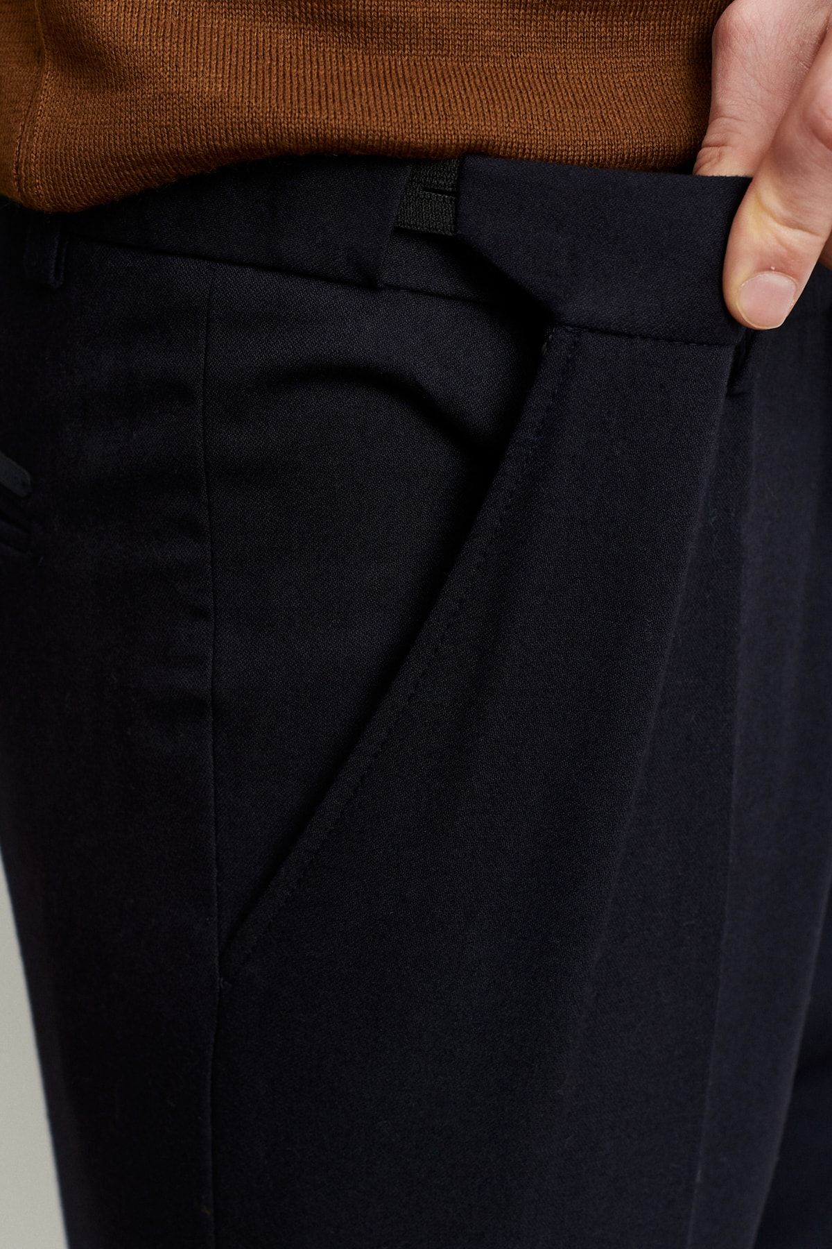 Erkek Lacivert Slim Fit Dar Kesim Flanel Desenli Beli Lastikli Pantolon