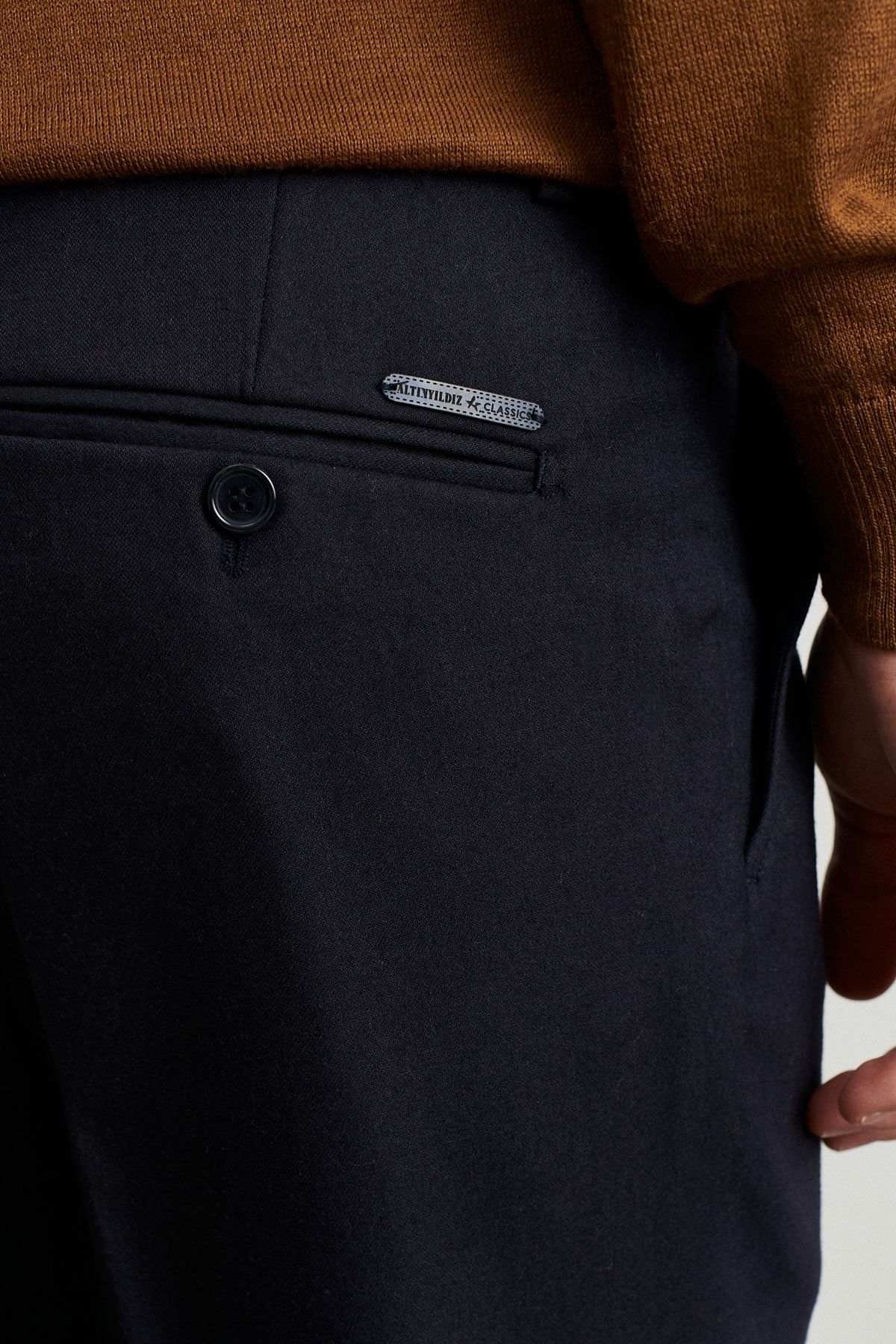 Erkek Lacivert Slim Fit Dar Kesim Flanel Desenli Beli Lastikli Pantolon