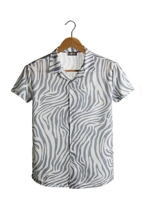 Erkek Gri Kısa Kollu Pamuklu Zebra Desenli Slim Fit Apaş Yaka Gömlek TYC00427609083