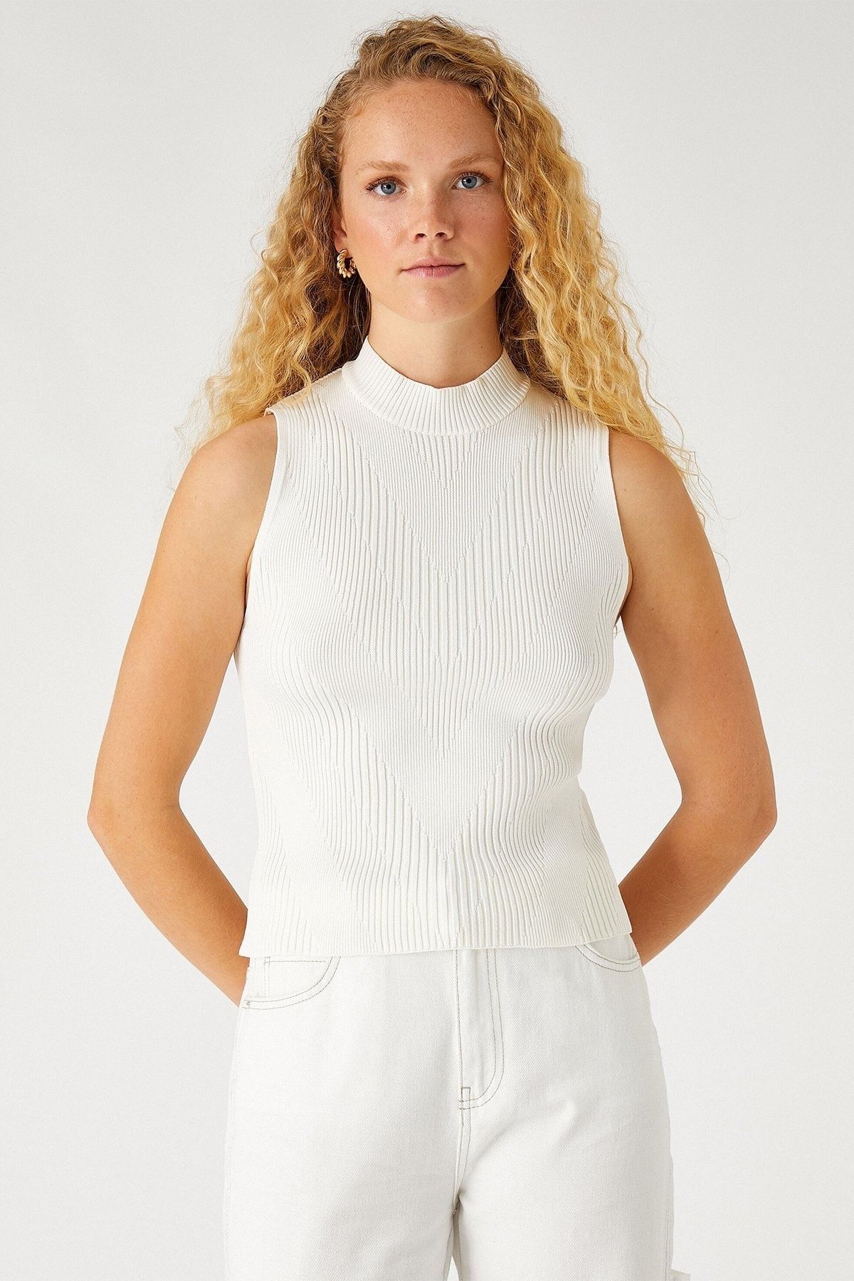 Ribbed High Neck Tank Top White