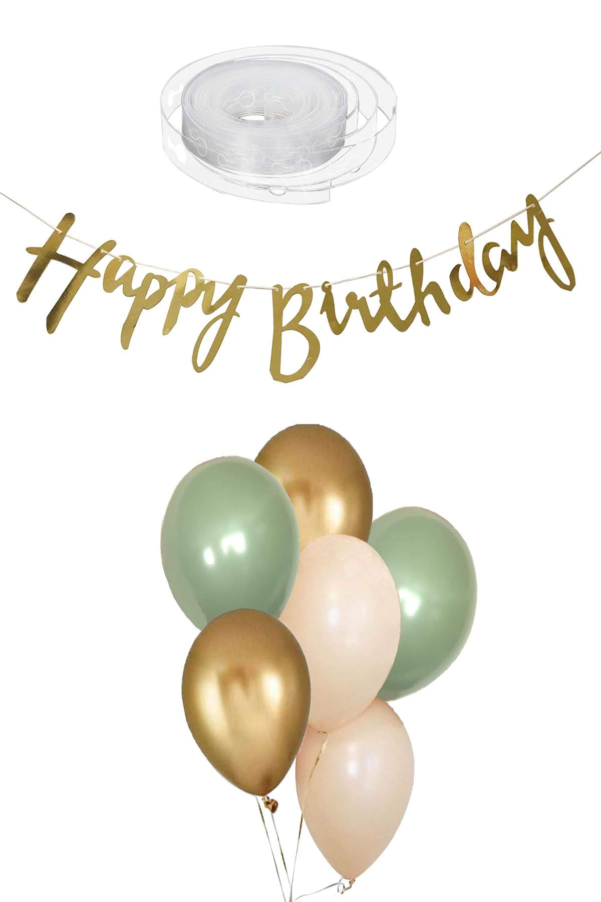Gold Green Happy Birthday Bunting With Balloons, Pastel Party