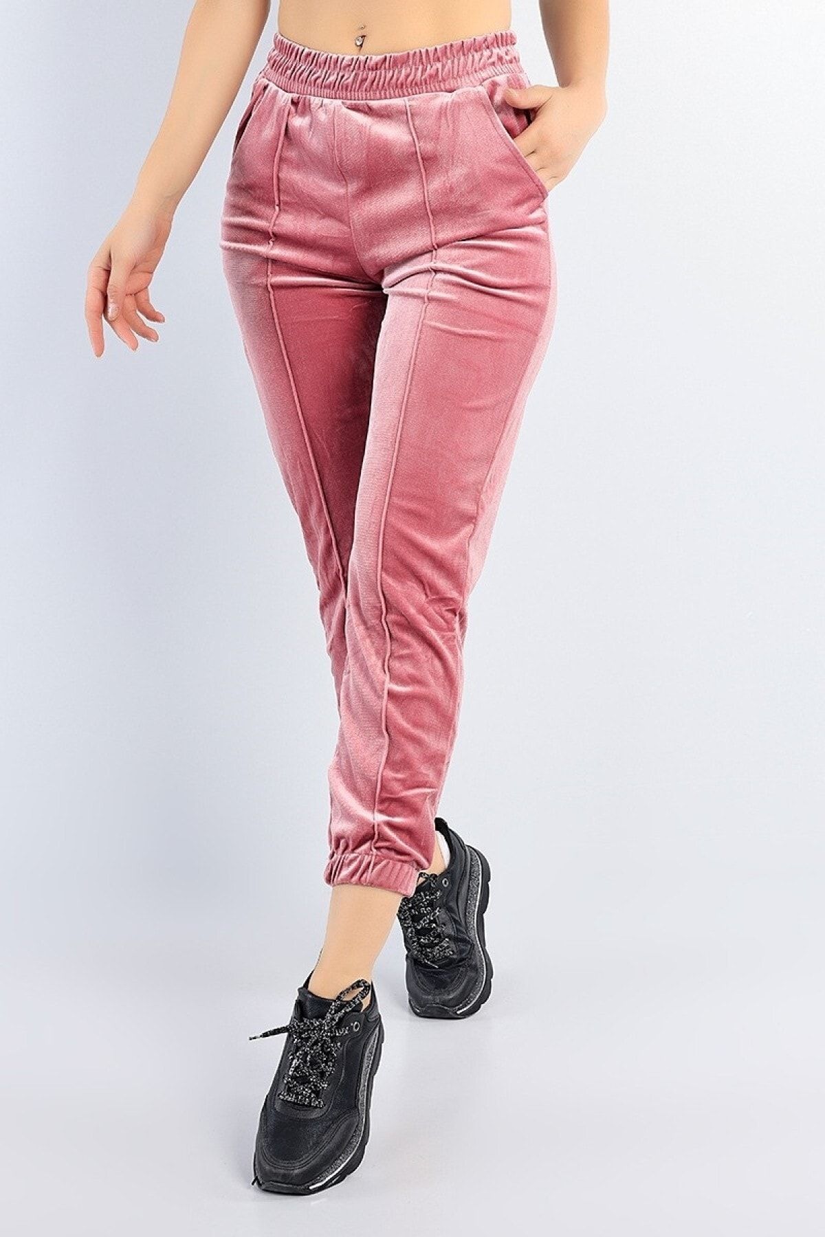 Siyah Kad n Dusty Rose Grass Stretchy Velvet Sweatpants with