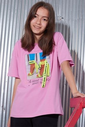 Kız Çocuk Pembe Resim Baskı Şeritli 7-14 Yaş T-shirt 4131-3 GRPCM00011008