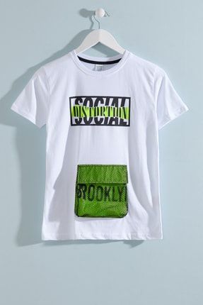 Erkek Çocuk Beyaz Ön Cep Neon Detay 8-13 Yaş T-shirt 4138 GRPCM00011037