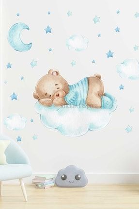 Mavi Bulutta Uyuyan Sevimli Ayıcık Çocuk Odası Duvar Sticker Seti SSTCKREKSP336
