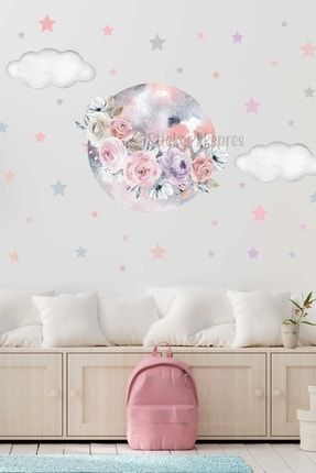 Çiçekli Dolunay Bulutlar Ve Yıldızlar Çocuk Odası Duvar Sticker Seti SSTCKREKSP269