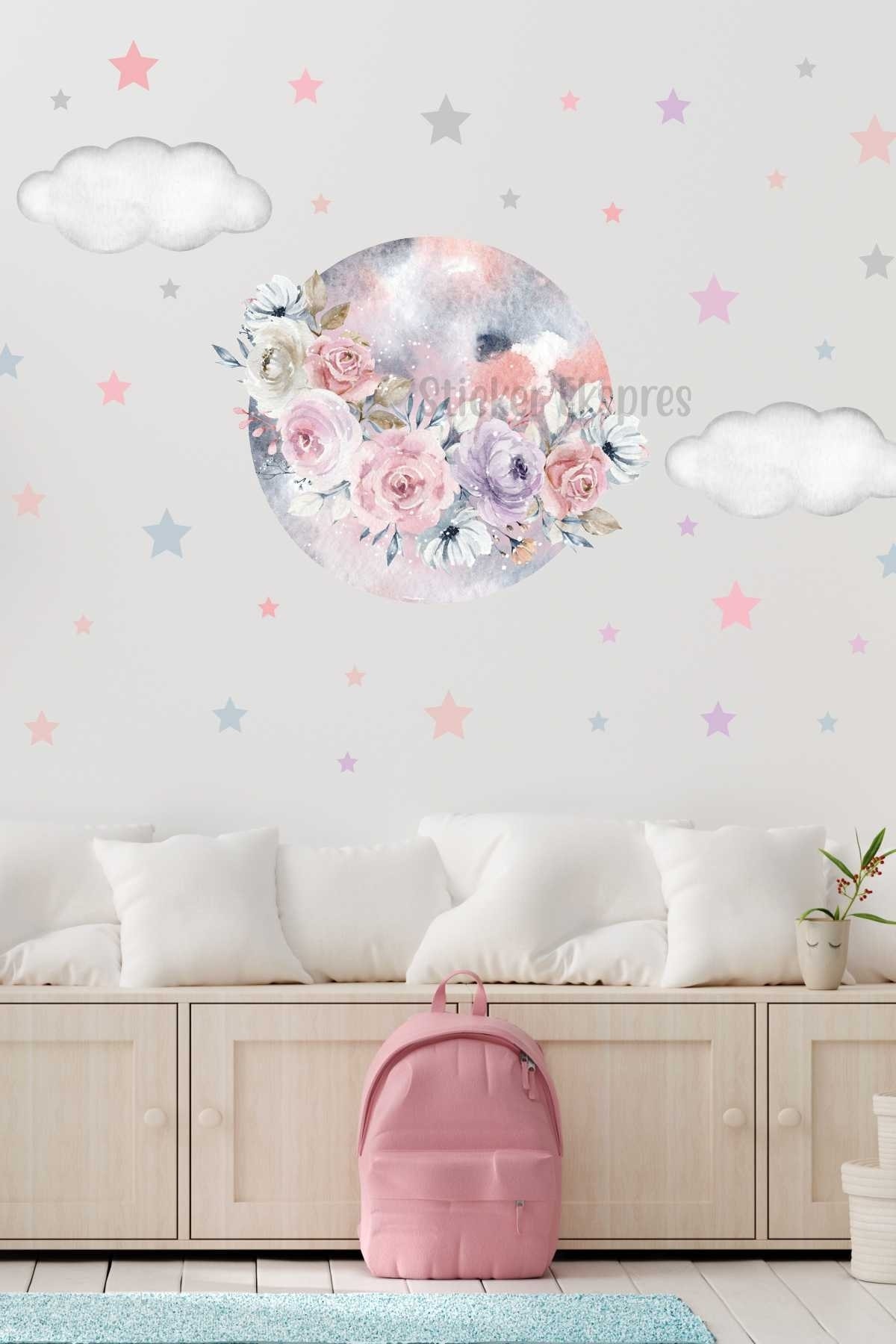 Floral Full Moon Clouds And Stars Kids Room Wall Stickers Set