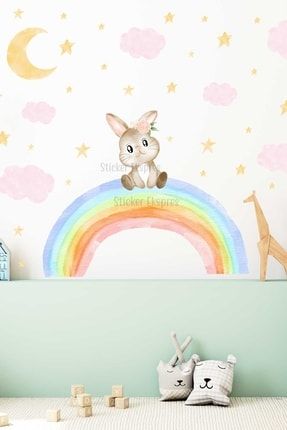 Gökkuşağında Oturan Sevimli Tavşan Çocuk Odası Duvar Sticker Seti SSTCKREKSP423