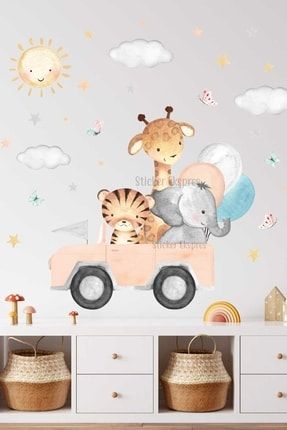 Somon Renk Arabada Giden Sevimli Hayvanlar Çocuk Odası Duvar Sticker Seti SSTCKREKSP313