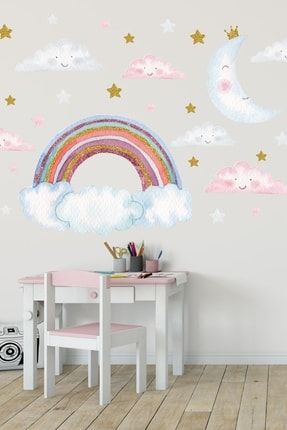Işıltılı Gökyüzü Gökkuşağı Aydede Bulut Çocuk Odası Duvar Sticker Seti STCKREKSP117