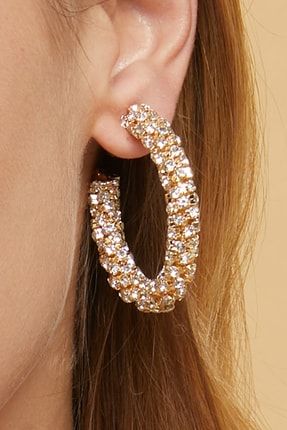 Kadın Halkalı Sarmal Model Altın Renk Zirkon Taşlı Pırlanta Abiye Düğün Kına Söz Nişan Gelin Küpe FR154 Spiral Ring Prom Crystal Earrings