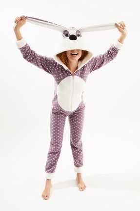 Kadın Lila Tavşan Puantiyeli Arkası Fermuarlı Polar Tulum Kapüşonlu Pijama Takımı MM0000338