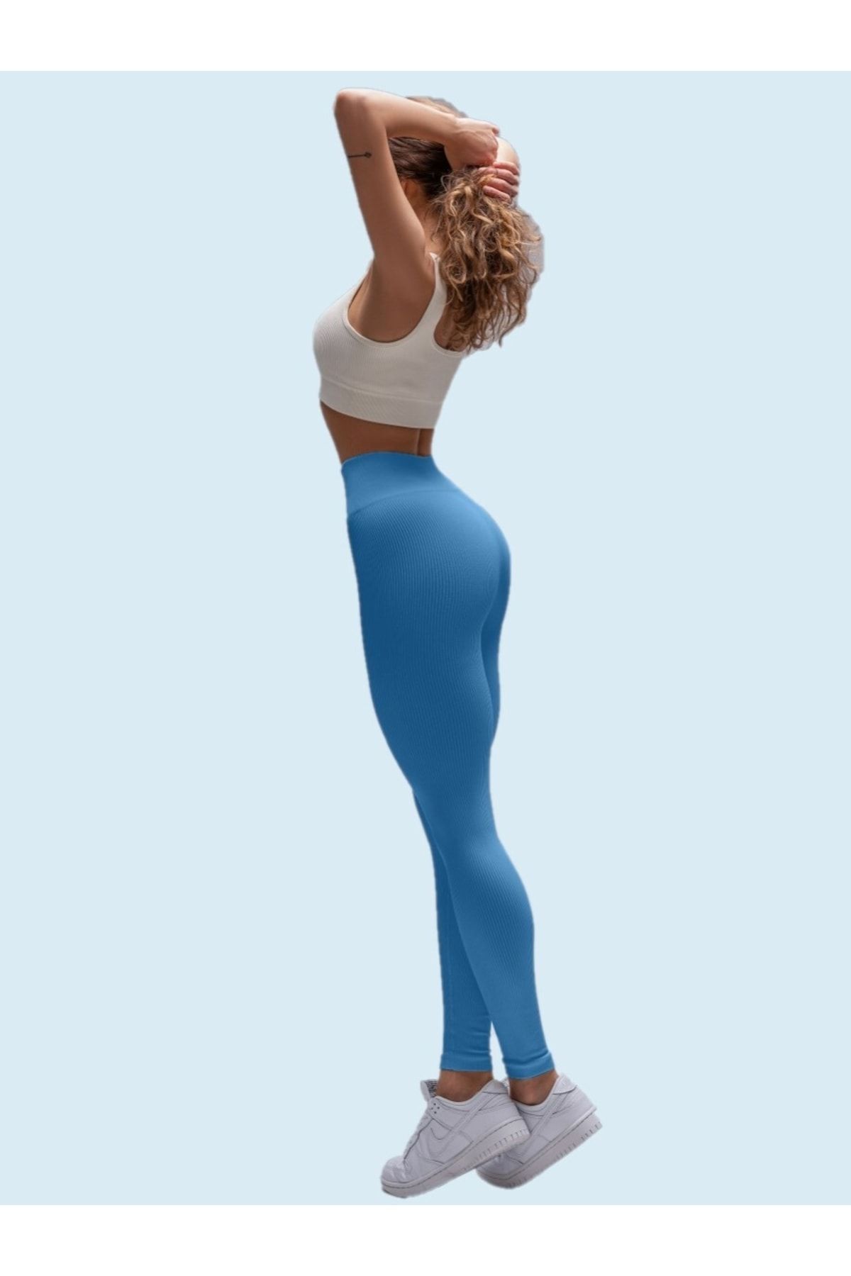 MİSTİRİK-Pescia Knitted Fabric Gathering High Waist Ribbed Tights Ice Blue Color 6