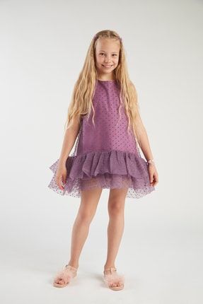 Kız Çocuk Fırfırlı Ponpon Elbise Mor hQspQs300160