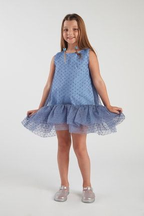 Kız Çocuk Fırfırlı Ponpon Elbise (mavi) hQspQs300160