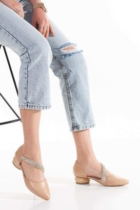 Kadın Nude Suni Deri Cilt Ortası Pırlanta Taş Işlemeli Yuvarlak Topuklu Şık Yazlık Ayakkabı Orta Taş1