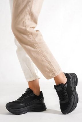 Siyah - Kadın Kız Fileli Yüksek Taban Sneaker Spor Ayakkabı ED21004