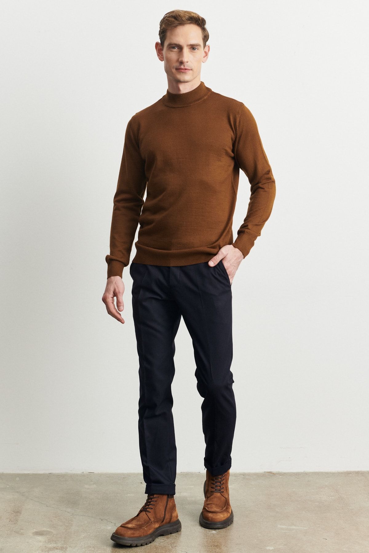 Erkek Lacivert Slim Fit Dar Kesim Flanel Desenli Beli Lastikli Pantolon