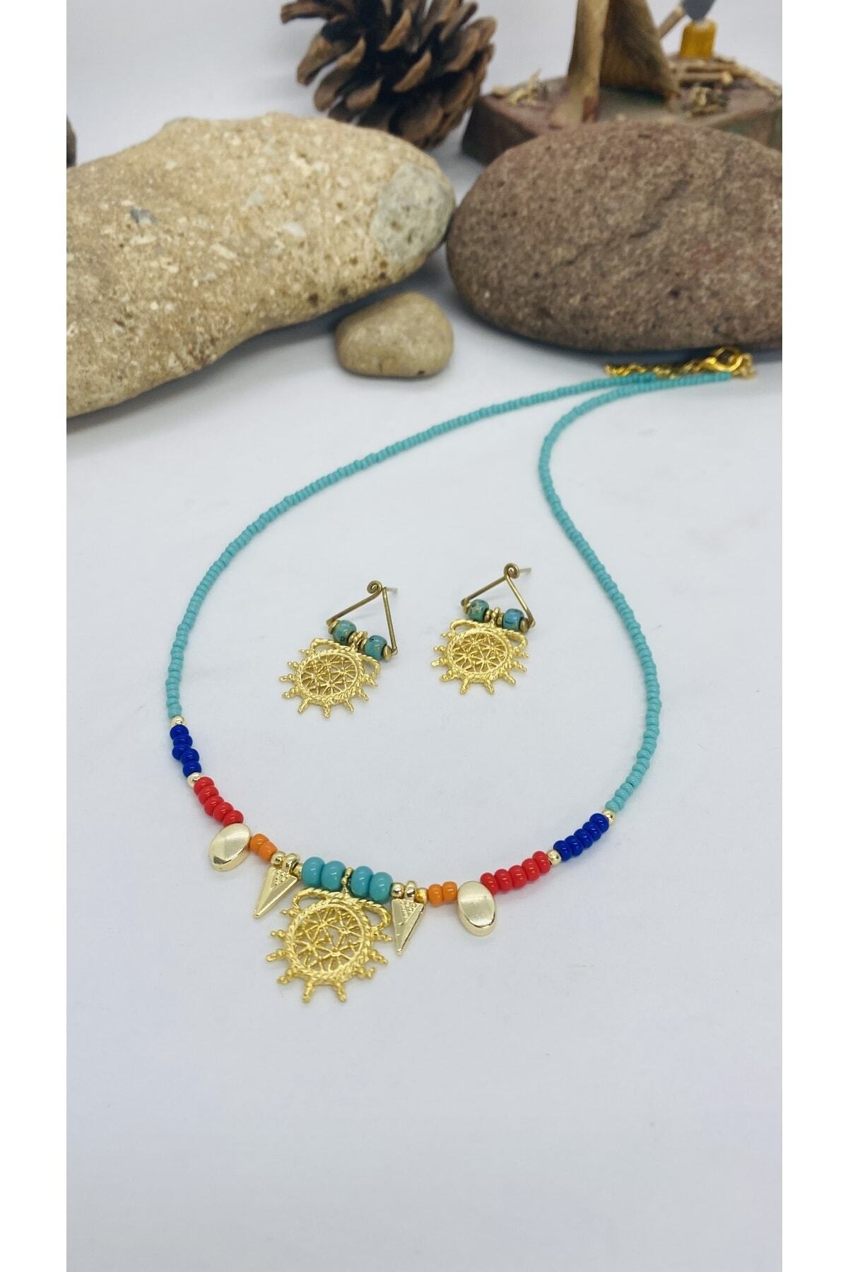 El Yapımı Etnik Otantik Hippi Bohem Pirinç Kolye Küpe Set