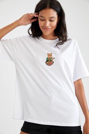 Kadın Beyaz Önü Şef Kedi Baskılı Bisiklet Yaka Oversize Pamuklu T-shirt grfield