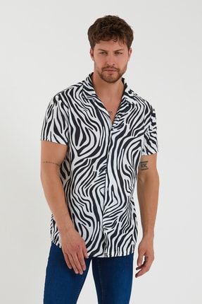 Erkek Siyah Kısa Kollu Pamuklu Zebra Desenli Slimfit Apaş Yaka Gömlek TYC00495020886