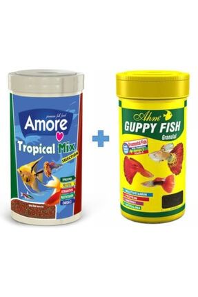 Tropical Mix 250 ml + Ahm Guppy Granulat 250 ml Lepistes Moli Kılıç Melek Tetra Tropikal Balık Yemi amore-tropical-250-ahm-guppy