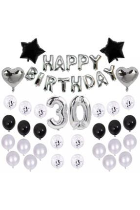 30 Yaş Konfetili Balon Doğum Günü Seti Gümüş Siyah DNZ 1883