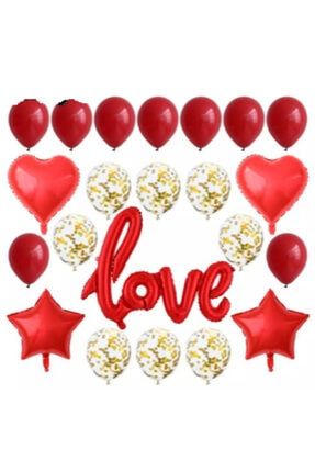 Sevgililer Günü Love Kırmızı El Yazılı Folyo Balon Gold Konfetili Balon Seti DNZ 1885