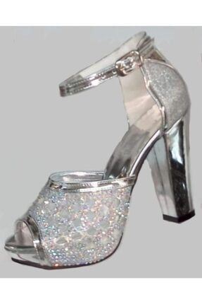 Kadın Gümüş Renk Lazer Kesim Tül Lamineli Platform Abiye Ayakkabı LAZERLİ