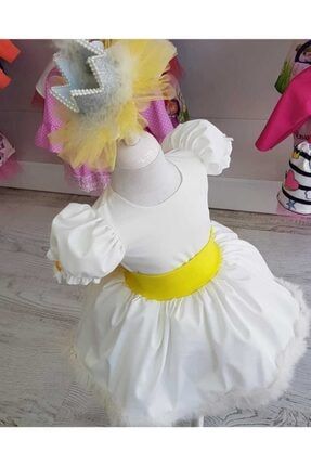 Kız Çocuk Beyaz Papatya Detaylı Etek Ucu Tüylü Kabarık Elbise PPTYELB
