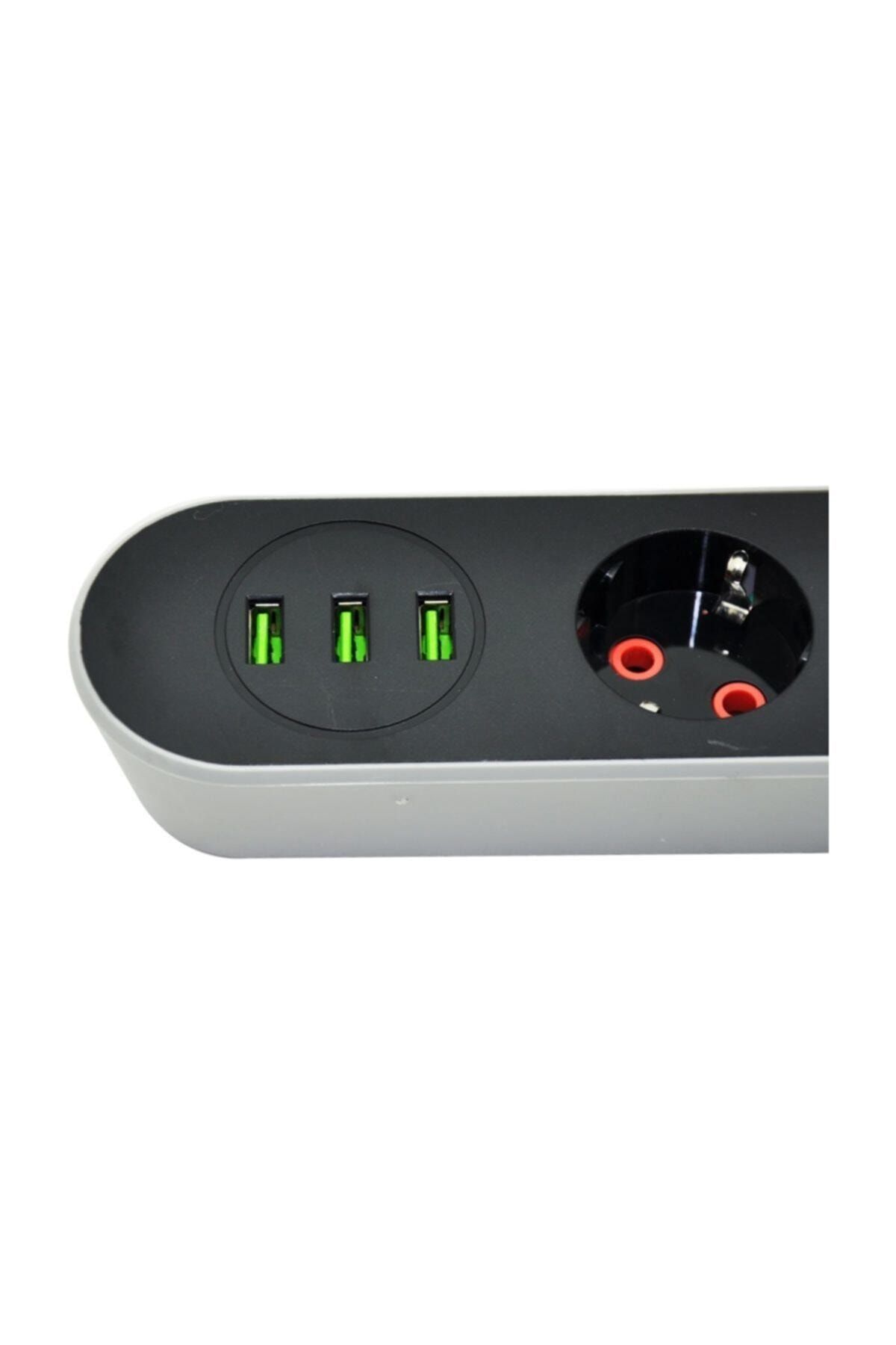 Eksprespazar-Icon 2 Meters 3 Sockets, 3 USB Inputs, Surge Protected Triple Socket 10a 2500w 2