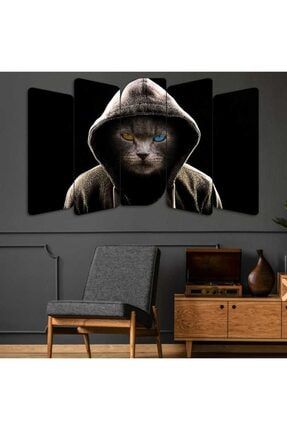 Kapüşonlu Kedi - 5 Parçalı Dekoratif Tablo OB5-0003